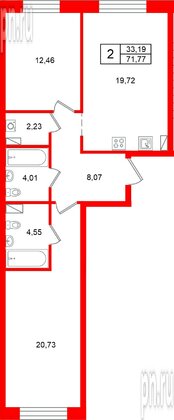 Квартира в ЖК Остров Первых, 2 комнатная, 71.77 м², 8 этаж