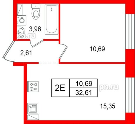 Квартира в ЖК «Остров Первых», 1 комнатная, 32.61 м², 4 этаж