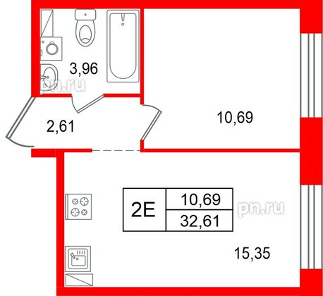 Квартира в ЖК «Остров Первых», 1 комнатная, 32.61 м², 6 этаж