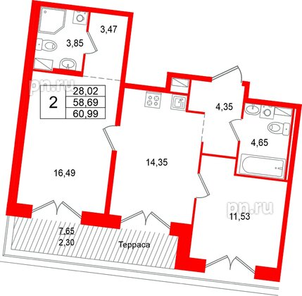 Квартира в ЖК Остров Первых, 2 комнатная, 60.99 м², 10 этаж