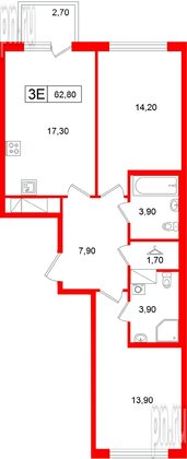Квартира в ЖК «Гений», 2 комнатная, 62.8 м², 18 этаж