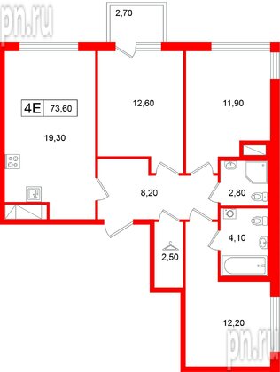Квартира в ЖК «Гений», 3 комнатная, 73.6 м², 15 этаж
