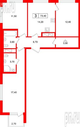 Квартира в ЖК «Гений», 3 комнатная, 73.4 м², 11 этаж