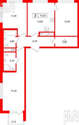 Квартира в ЖК «Гений», 3 комнатная, 73.2 м², 13 этаж