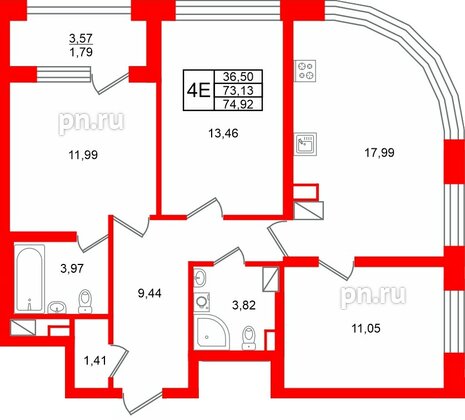 Квартира в ЖК «Аурум», 3 комнатная, 74.92 м², 6 этаж