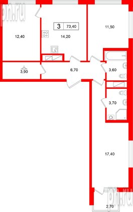 Квартира в ЖК «Гений», 3 комнатная, 73.4 м², 11 этаж
