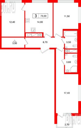 Квартира в ЖК «Гений», 3 комнатная, 73 м², 14 этаж