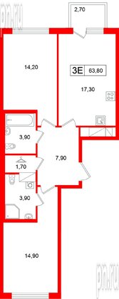 Квартира в ЖК «Гений», 2 комнатная, 63.8 м², 12 этаж
