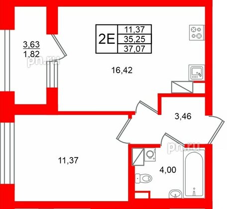 Квартира в ЖК «Аурум», 1 комнатная, 37.07 м², 17 этаж
