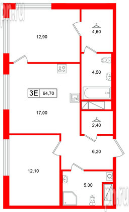 Квартира в ЖК Гений, 2 комнатная, 64.7 м², 2 этаж