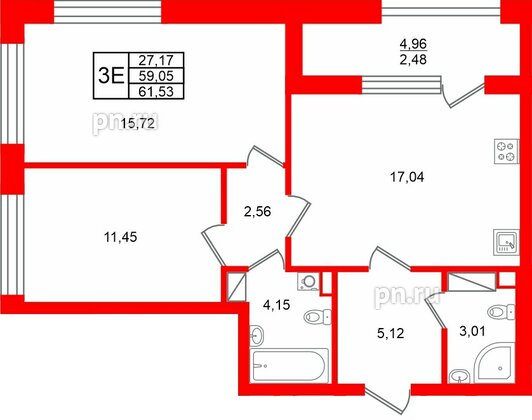 Квартира в ЖК Аурум, 2 комнатная, 61.53 м², 3 этаж