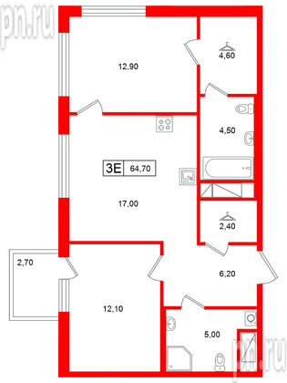 Квартира в ЖК Гений, 2 комнатная, 64.7 м², 9 этаж