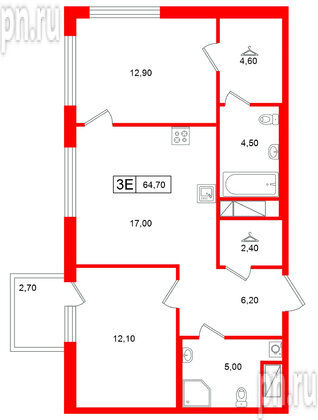 Квартира в ЖК Гений, 2 комнатная, 64.7 м², 20 этаж
