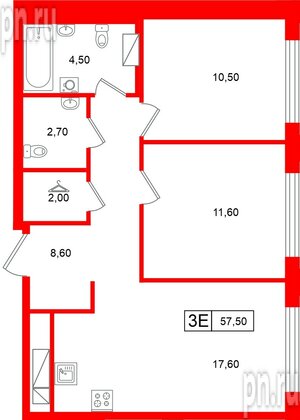 Квартира в ЖК «Гений», 2 комнатная, 57.5 м², 4 этаж