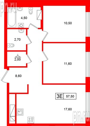Квартира в ЖК «Гений», 2 комнатная, 57.5 м², 5 этаж