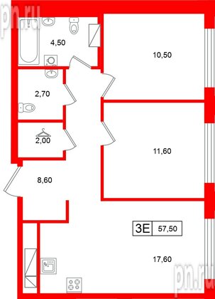 Квартира в ЖК «Гений», 2 комнатная, 57.5 м², 13 этаж