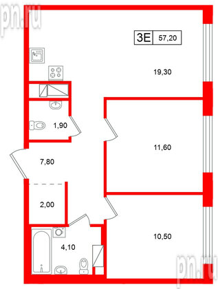 Квартира в ЖК Гений, 2 комнатная, 57.2 м², 4 этаж