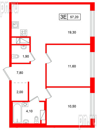 Квартира в ЖК Гений, 2 комнатная, 57.2 м², 5 этаж