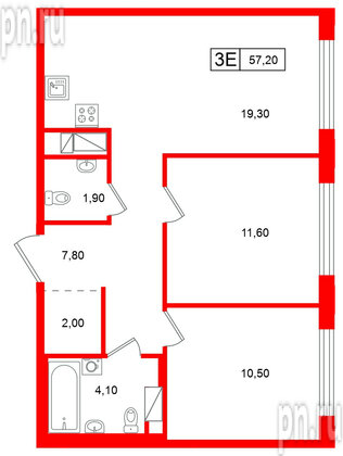Квартира в ЖК Гений, 2 комнатная, 57.2 м², 12 этаж