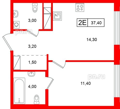 Квартира в ЖК «Гений», 1 комнатная, 37.4 м², 4 этаж
