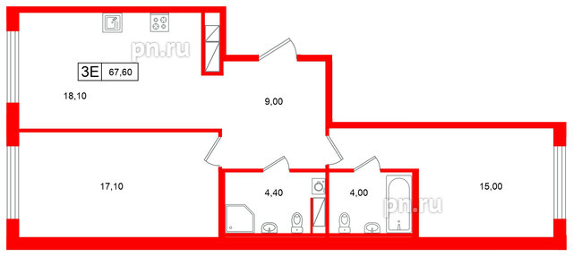 Квартира в ЖК Гений, 2 комнатная, 67.6 м², 2 этаж