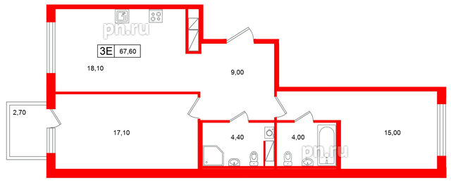 Квартира в ЖК Гений, 2 комнатная, 67.6 м², 6 этаж