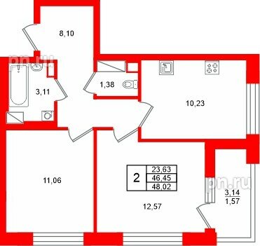 Квартира в ЖК Аурум, 2 комнатная, 48.02 м², 12 этаж