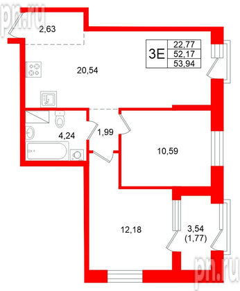 Квартира в ЖК ORO by Akvilon, 2 комнатная, 53.94 м², 12 этаж