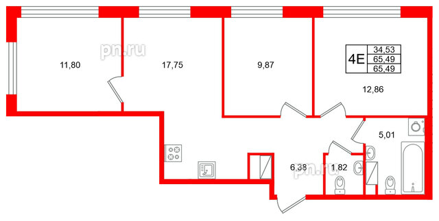 Квартира в ЖК Plus Пулковский, 3 комнатная, 65.49 м², 5 этаж