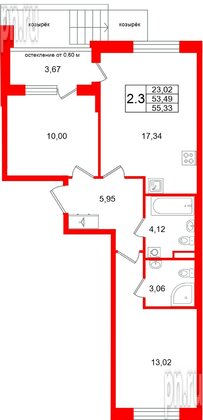 Квартира в ЖК «Универ Сити», 2 комнатная, 53.49 м², 1 этаж