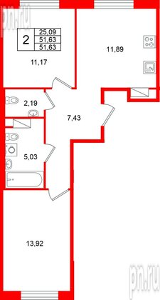Квартира в ЖК «Плюс Пулковский», 2 комнатная, 51.63 м², 3 этаж