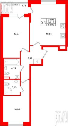 Квартира в ЖК Универ Сити, 2 комнатная, 56.17 м², 2 этаж