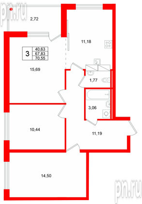 Квартира в ЖК «Финский Квартал», 3 комнатная, 70.55 м², 3 этаж
