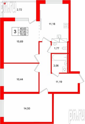 Квартира в ЖК «Финский Квартал», 3 комнатная, 70.55 м², 5 этаж