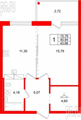 Квартира в ЖК «Финский Квартал», 1 комнатная, 43.66 м², 5 этаж
