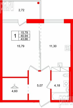 Квартира в ЖК «Финский Квартал», 1 комнатная, 43.66 м², 1 этаж