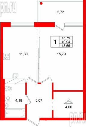 Квартира в ЖК «Финский Квартал», 1 комнатная, 43.66 м², 1 этаж