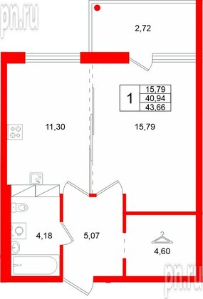 Квартира в ЖК «Финский Квартал», 1 комнатная, 43.66 м², 7 этаж