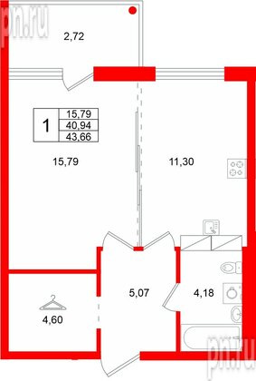 Квартира в ЖК «Финский Квартал», 1 комнатная, 43.66 м², 1 этаж