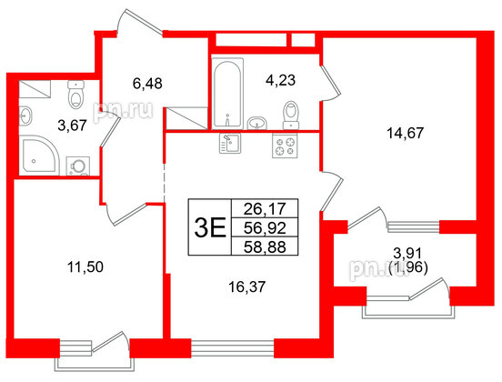 Квартира в ЖК ORO by Akvilon, 2 комнатная, 58.88 м², 3 этаж