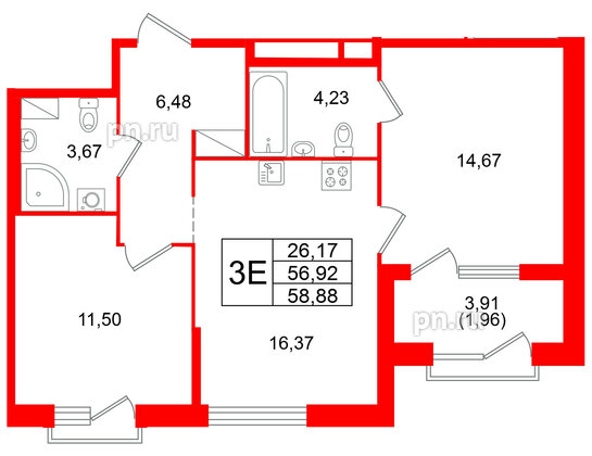 Квартира в ЖК ORO by Akvilon, 2 комнатная, 58.88 м², 11 этаж