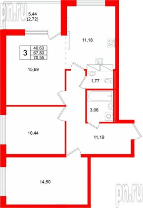 Квартира в ЖК «Финский Квартал», 3 комнатная, 70.55 м², 3 этаж