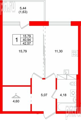 Квартира в ЖК «Финский Квартал», 1 комнатная, 42.57 м², 5 этаж