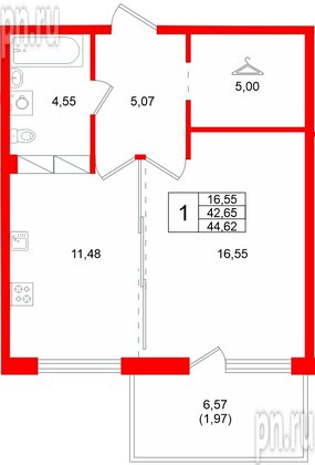 Квартира в ЖК «Финский Квартал», 1 комнатная, 44.62 м², 5 этаж