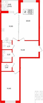 Квартира в ЖК «Финский Квартал», 2 комнатная, 71.52 м², 1 этаж