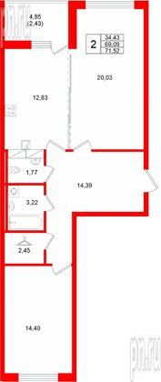 Квартира в ЖК «Финский Квартал», 2 комнатная, 71.52 м², 2 этаж