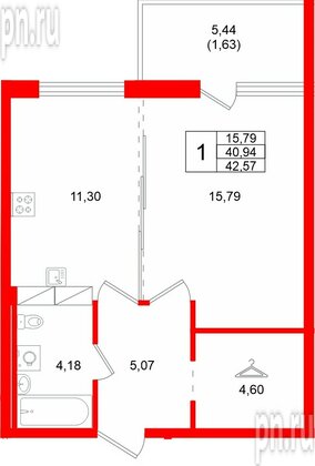 Квартира в ЖК «Финский Квартал», 1 комнатная, 42.57 м², 5 этаж