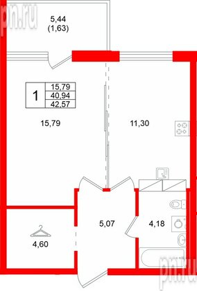 Квартира в ЖК «Финский Квартал», 1 комнатная, 42.57 м², 5 этаж