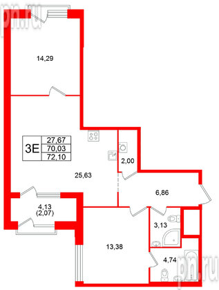 Квартира в ЖК ORO by Akvilon, 2 комнатная, 72.1 м², 2 этаж