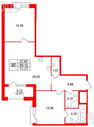 Квартира в ЖК ORO by Akvilon, 2 комнатная, 71.17 м², 13 этаж